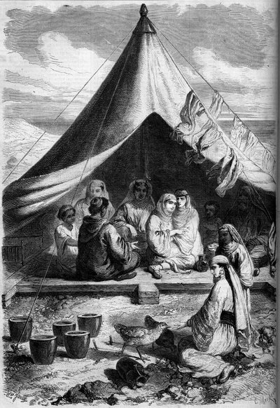 मोरक्को के यहूदी परिवार ने १८६० में जिब्राल्टर तट पर शरण ली थी। मिस्टर यारिअर्ट के स्केच के अनुसार। 28 जनवरी 1860 के "" ले मोंडे इलस्ट्रे"" एन ° 146 में उत्कीर्णन। द्वारा चार्ल्स (बाद में)