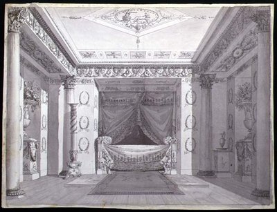 एम्पायर बेडरूम के लिए डिज़ाइन, c.1810 (कागज पर कलम और स्याही और पानी के रंग का) द्वारा चार्ल्स (attr। To) Percier