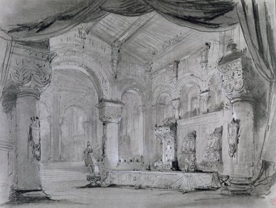 थिएटर लुइर्क, शैलेट, 1865 (कागज पर चारकोल अन्ड वाइट चॉक) पर ग्यूसेप वर्डी (1813-1901) द्वारा ओपेरा &39;मैकबेथ&39; के प्रदर्शन के लिए महल के इंटीरियर का डिज़ाइन द्वारा चार्ल्स एंटोनी कंबॉन