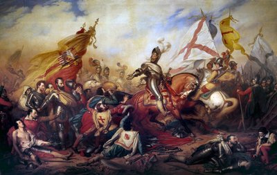 धर्म के युद्ध (1562-1598): "" 14/03/1590 को आइवरी की लड़ाई में फ्रांस के राजा हेनरी चतुर्थ (1553-1610)"" शाही सेना ने कैथोलिक लीग की सेना के खिलाफ जीत हासिल की। चार्ल्स डी स्टुबेन (१७८८-१८५६) द्वारा १९वीं सदी के सूर्य की पेंटिंग का विवर द्वारा चार्ल्स अगस्टे स्टुबेन