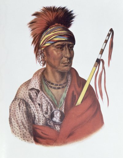 नोचिमाइन या नो हार्ट, एक आयोवा चीफ, 1837, थोमस एल मैककेनी और जेम्स हॉल, पब द्वारा &39;द इंडियन ट्राइब्स ऑफ नॉर्थ अमेरिका, वॉल्यूम .2&39; का चित्रण। जॉन ग्रांट द्वारा द्वारा चार्ल्स बर्ड किंग