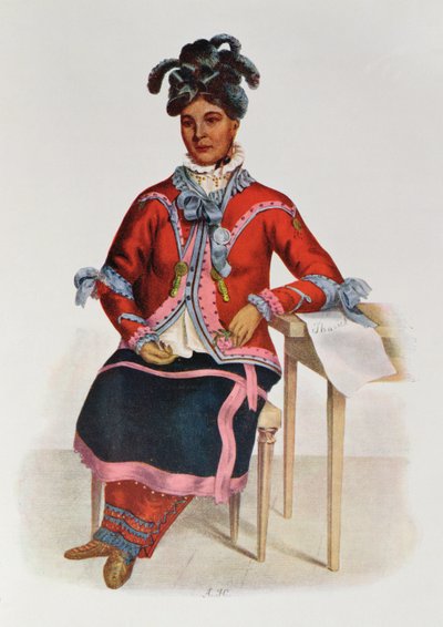 त्सुसिक, एक चिपवेवे वुमन, 1827, थॉमस एल मैककेनी और जेम्स हॉल, पब द्वारा &39;द इंडियन ट्राइब्स ऑफ नॉर्थ अमेरिका, वॉल्यूम 1&39; का चित्रण। जॉन ग्रांट द्वारा द्वारा चार्ल्स बर्ड किंग