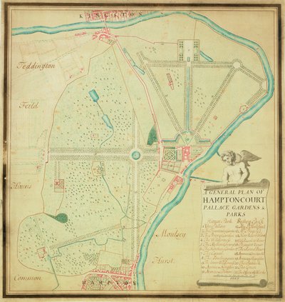 हैम्पटन कोर्ट पैलेस गार्डन एंड पार्क की एक सामान्य योजना, c.1713 (कागज पर पेन और स्याही और wc) द्वारा चार्ल्स ब्रिजमैन