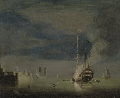 एक किले में रात को आग पर एक टू-डेकर, c.1740 (कैनवास पर तेल) द्वारा चार्ल्स ब्रोकिंग