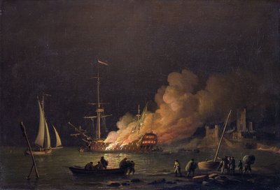 रात में जहाज पर आग, c.1756 (कैनवास पर तेल) द्वारा चार्ल्स ब्रोकिंग