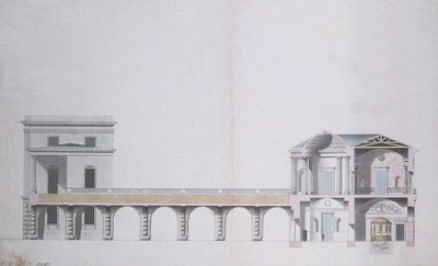 एजेट पवेलियन का क्रॉस-सेक्शन और Tsarskoye Selo में हैंगिंग गार्डन, c.1780 (कागज पर wc के साथ पेन und इंक) द्वारा चार्ल्स कैमरन