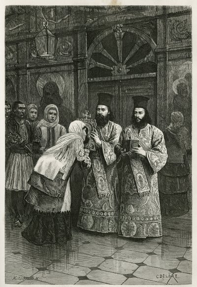 1861,1868 और 1874 में हेनरी बेले की ग्रीस यात्रा को चित्रित करने के लिए, एडौर्ड चार्टन के निर्देशन में, टूर डू मोंडे में प्रकाशित, पवित्र छवियों को चुंबन देते हुए प्रिट्रेस, Ch.Delort द्वारा उकेरा गया। द्वारा चार्ल्स एडोर्ड डेलॉर्ट