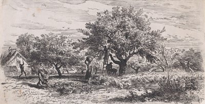 कुटीर के बाहर पेड़ से फल तोड़ना, सी.ए. 1852. द्वारा चार्ल्स एमिले जेक