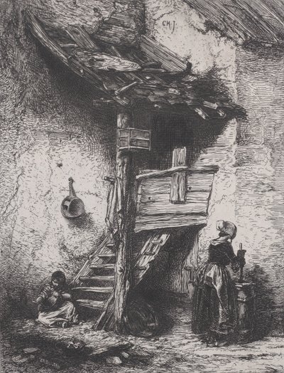 सीढ़ियाँ और महिला मंथन, 1845। द्वारा चार्ल्स एमिले जेक