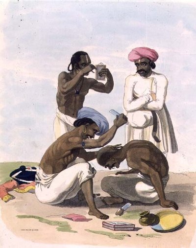 नाइयों, प्लेट 17 'ओरिएंटल ड्रॉइंग्स', पब से। 1806 (एक्वाटिंट) द्वारा चार्ल्स एमिलियस (बाद में) सोना