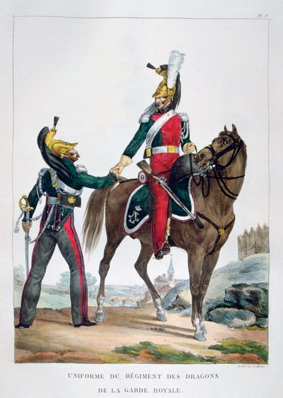शाही गार्ड, फ्रांस, 1823 के ड्रगों की एक रेजिमेंट की वर्दी। द्वारा चार्ल्स इटियेन पियरे मोट्टे