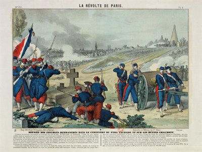 पेरे लाचिस के कब्रिस्तान और चौमोंट हिल, 1871 (रंग उत्कीर्णन) में खोदी गई विद्रोहियों की हार द्वारा चार्ल्स फ्रेंकोइस पिनोट
