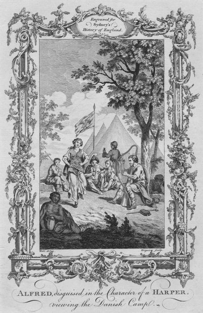अल्फ्रेड, डेनिश हार्प, 1773 को देखते हुए, एक हार्पर के चरित्र में प्रच्छन्न। द्वारा चार्ल्स ग्रिग्नेशन