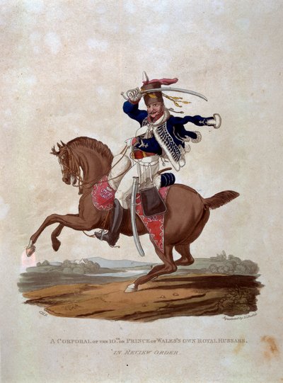 जेसी स्टैडलर, पब द्वारा उत्कीर्ण अंतिम नियमों 1812 के अनुसार, &39;ब्रिटिश साम्राज्य की सेना की वेशभूषा&39; से, रिव्यू ऑर्डर में 10 वीं की कॉर्पोरल या प्रिंस ऑफ वेल्स की खुद की रॉयल हसर्स द्वारा चार्ल्स हैमिल्टनस्मिथ