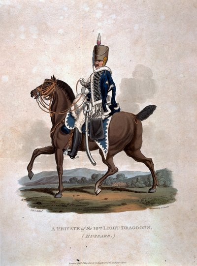 जे.एन. स्टैडलर द्वारा उत्कीर्ण अंतिम नियमों 1812 के &39;ब्रिटिश साम्राज्य की सेना की वेशभूषा, 1812&39; से 18 वीं लाइट ड्रैगन्स (हुस्सर) का एक निजी, जो कि कोलनगि पूर्व कंपनी 1812-15 द्वारा प्रकाशित किया गया था। द्वारा चार्ल्स हैमिल्टनस्मिथ