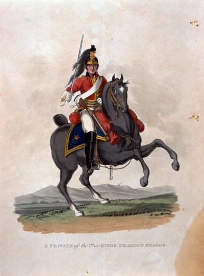 जेएन स्टैडलर द्वारा उत्कीर्ण अंतिम नियमों 1812 के अनुसार, ब्रिटिश साम्राज्य की सेना की &39;वेशभूषा, ब्रिटिश साम्राज्य की वेशभूषा से, 1 का एक निजी या किंग्स ड्रैग गार्ड, 1812-15 द्वारा चार्ल्स हैमिल्टनस्मिथ