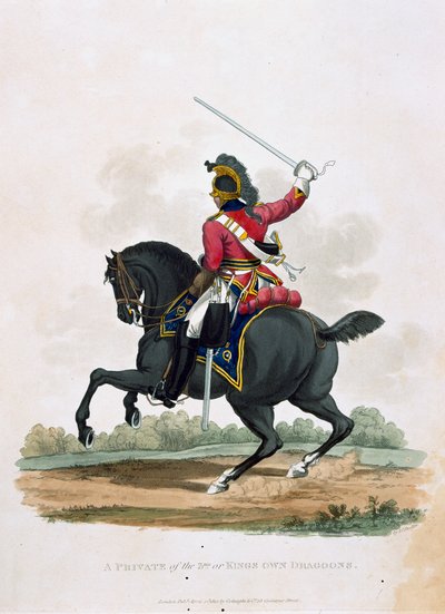 Colnaghi und Co. 1812-15 द्वारा प्रकाशित जेसी स्टैडलर द्वारा उत्कीर्ण अंतिम नियमों 1812 के अनुसार, &39;ब्रिटिश साम्राज्य की सेना की वेशभूषा&39; से 3 जी का एक निजी या किंग्स ओन ड्रैगन्स द्वारा चार्ल्स हैमिल्टनस्मिथ