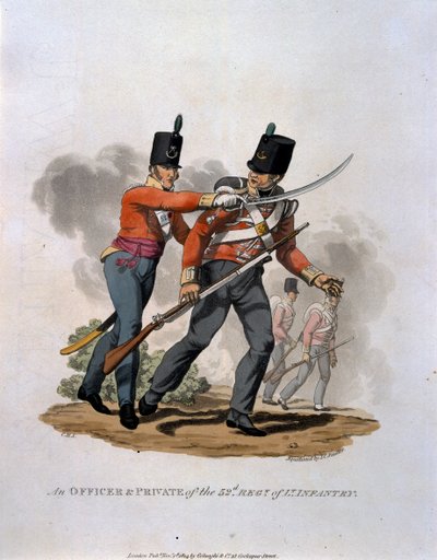 जे.एन. स्टैडलर द्वारा उकेरी गई अंतिम नियम 1812 की &39;ब्रिटिश साम्राज्य की सेना की वेशभूषा, ब्रिटिश साम्राज्य की वेशभूषा से, 53 वीं रेजीमेंट ऑफ लाइट इन्फैंट्री के एक अधिकारी और निजी द्वारा चार्ल्स हैमिल्टनस्मिथ