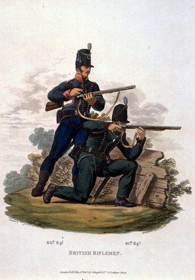 जेएल स्टैडलर द्वारा उत्कीर्ण, अंतिम नियम 1812 के अनुसार, &39;ब्रिटिश साम्राज्य की सेना की वेशभूषा&39; से ब्रिटिश राइफलमैन, Colnaghi und Co. 1812-15 (रंगीन जलीय) द्वारा चार्ल्स हैमिल्टनस्मिथ