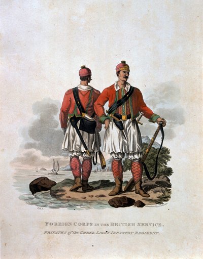 ब्रिटिश सेवा में विदेशी कोर, जेसी स्टैडलर द्वारा उत्कीर्ण अंतिम नियमों 1812 के अनुसार, &39;ब्रिटिश साम्राज्य की सेना की वेशभूषा&39; से ग्रीक लाइट इन्फैंट्री रेजिमेंट के निजी द्वारा चार्ल्स हैमिल्टनस्मिथ