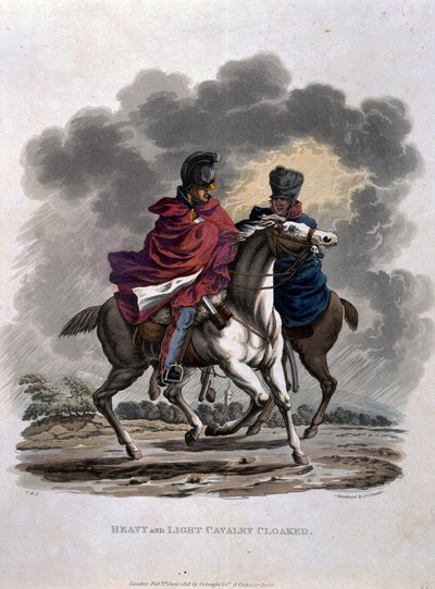 जेसी स्टैडलर द्वारा उत्कीर्ण, ब्रिटिश साम्राज्य की &39;वेशभूषा, ब्रिटिश साम्राज्य की सेना की वेशभूषा, 1812&39; के अनुसार, भारी और हल्की कैवलरी क्लोक्ड, Colnaghi und Co. 1812-15 (रंगीन एक्वा द्वारा प्रकाशित) द्वारा चार्ल्स हैमिल्टनस्मिथ