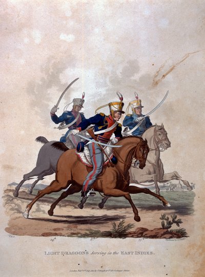जेसी स्टैडलर द्वारा उत्कीर्ण, अंतिम नियम 1812 के अनुसार, ब्रिटिश साम्राज्य की सेना की वेशभूषा से, ईस्ट इंडीज की सेवा करने वाले लाइट ड्रेगन, 1812-15 को कोलगही अंड द्वारा प्रकाशित (रंग) द्वारा चार्ल्स हैमिल्टनस्मिथ