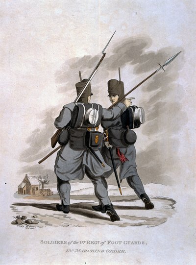 जेएन स्टैडलर द्वारा उकेरे गए अंतिम नियमों 1812 के अनुसार, ब्रिटिश साम्राज्य की सेना की वेशभूषा से, मार्चिंग ऑर्डर में फूट रेजिमेंट के प्रथम रेजिमेंट के सैनिक, कोलघ द्वारा प्रकाशित द्वारा चार्ल्स हैमिल्टनस्मिथ