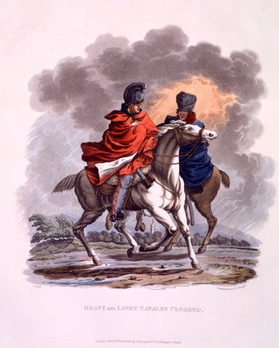 हेवी एंड लाइट कैवेलरी क्लोकेड की वर्दी, &39;कॉस्ट्यूम ऑफ़ द ब्रिटिश एम्पायर, फ्रॉम द लास्ट रेगुलेशन&39; के अनुसार, 1815 (हाथ से बने एक्वाटिंट) प्रकाशित द्वारा चार्ल्स हैमिल्टनस्मिथ