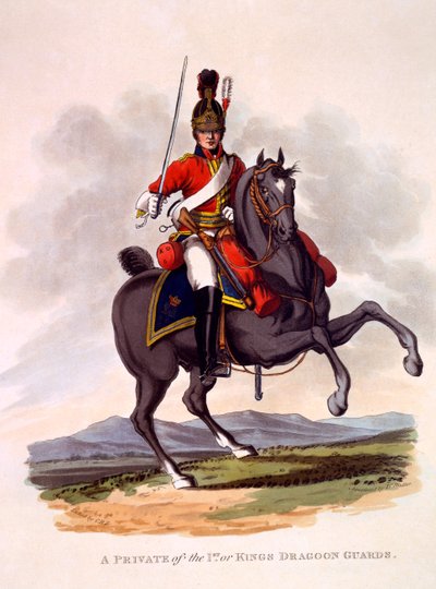जोसेफ कॉन्स्टैंटाइन स्टैडलर (fl.1780-1812), 1812-15 (हाथ से बने एक्वाटिंट) द्वारा उकेरी गई पहली या किंग्स ड्रैग गार्ड की निजी की वर्दी द्वारा चार्ल्स हैमिल्टनस्मिथ