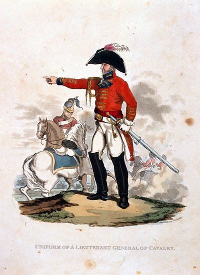 Colnaghi und Co. 1812-15 (col) द्वारा प्रकाशित JC Stadler द्वारा उत्कीर्ण अंतिम नियमों 1812 के अनुसार, &39;ब्रिटिश साम्राज्य की सेना की वेशभूषा&39; से कैवेलरी के एक लेफ्टिनेंट जनरल की वर्दी। द्वारा चार्ल्स हैमिल्टनस्मिथ