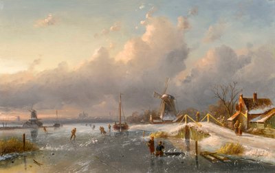 फ्रोजन वॉटरवे पर विंडमिल और स्केटर्स के साथ एक विंटर लैंडस्केप, 1840s-50s द्वारा चार्ल्स हेनरी जोसेफ लिकरर्ट