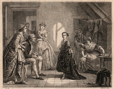 मैडेमोसेले क्लेयरन का बचपन: युवा क्लेयर-जोसेफ (क्लेयर जोसेफ) लेरिस (1723-1803) ने अभी-अभी देखे गए नाटक के छंदों का पाठ किया। वह "मैडेमोसेले क्लेयरन" या "" ला क्लेयरॉन" नाम से एक कॉमेडियन बन गईं। पेंटिंग से १८६२ की नक्काशी द्वारा चार्ल्स हाउसज़