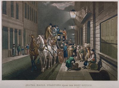 जनरल पोस्ट ऑफिस के बाहर मेल कोच, लोम्बार्ड स्ट्रीट, सिटी ऑफ़ लंदन, 1827 द्वारा चार्ल्स हंट