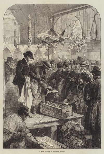 कोलंबिया के बाजार में एक मछली की नीलामी (उत्कीर्णन) द्वारा चार्ल्स जे। (बाद में) स्टैनलैंड