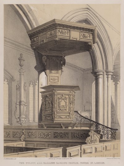 पल्पिट, ऑल हैलोज़ बार्किंग चर्च, टॉवर स्ट्रीट, लंदन (कलर लिथो) द्वारा चार्ल्स जेम्स रिचर्डसन