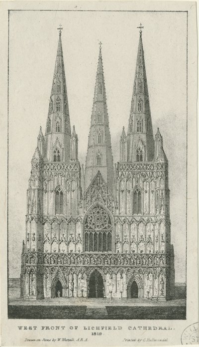 लिचफील्ड कैथेड्रल - वेस्ट फ्रंट: उत्कीर्णन, 1819 द्वारा चार्ल्स जोसेफ हुलमंडेल