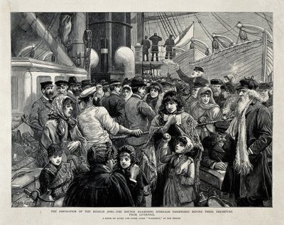 1891 में लिवरपूल से उत्प्रवास से पहले एक चिकित्सक द्वारा रूसी यहूदियों की जांच की गई थी द्वारा चार्ल्स जोसेफ स्टैनलैंड