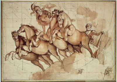 चार्ल्स लेब्रन (ले ब्रून) (1619-1690) 17 वीं शताब्दी के सूर्य द्वारा हरक्यूलिस रेड चाक वॉश और काली स्याही का एपोथोसिस। 0.32x0.45 मी। पेरिस, लौवर संग्रहालय द्वारा चार्ल्स ले ब्रून