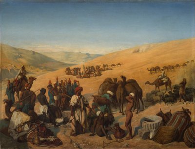 1850 के हेब्रोन के रेगिस्तानी दक्षिण में सबा बेर्शेबा के कुओं पर हलाट ऑफ कारवां। द्वारा चार्ल्स लुइस फ्रेडी डे काबरिन
