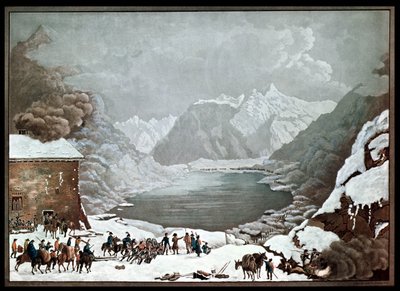 20 मई, 1800 को सेंट बर्नार्ड पास धर्मशाला, नेपोलियन बोनापार्ट (1769-1821) मेरो (एक्वाटिंट) द्वारा उत्कीर्ण द्वारा चार्ल्स लुइस लुसिन मुलर