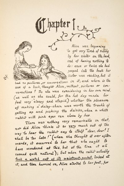 ऐलिस अपनी बहन के साथ, एलिस एडवेंचर्स अंडर ग्राउंड, पब से चित्रण। 1886 (फेसिमाइल) द्वारा चार्ल्स लुत्विज डोड्सन