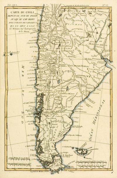 चिली, पेरू के दक्षिण से केप हॉर्न तक, गिल्टम रायल (1713-96) द्वारा जेनेवा, 1780 में प्रकाशित &39;एटलस डी टाउट्स लेस पार्टीज कनेक्ट्स ड्यू ग्लोब टेरेस्ट्रे&39; से द्वारा चार्ल्स मैरी रिगोबर्ट बोने