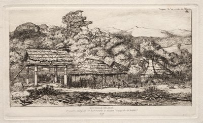 अकरोआ, बैंक्स प्रायद्वीप में मूल निवासी खलिहान और झोपड़ियाँ, 1845 द्वारा चार्ल्स मेरियन