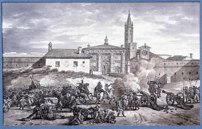 इटली के अभियान: "" नेपोलियन बोनापार्ट (1769-1821) और मारेचल ऑगेरेउ ने 1796 में एक तोप के साथ इटली में वेरोना का एक दरवाजा स्थापित किया""" चार्ल्स मेयनियर (1768-1832) के लिए जिम्मेदार कलम में आरेखण। मंद। 0,25x0,4 मी. पेरिस, लौवर संग द्वारा चार्ल्स मेनियर