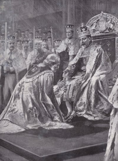किंग एडवर्ड सप्तम, वेस्टमिंस्टर एब्बे, लंदन, 1902 के राज्याभिषेक में कैंटरबरी के आर्कबिशप का सम्मान द्वारा शेल्डन के बाद चार्ल्स मिल्स