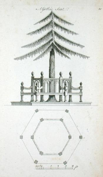 एक गॉथिक सीट, 'गॉथिक, चीनी और आधुनिक स्वाद में सजावटी वास्तुकला' से, 1758 में प्रकाशित (उत्कीर्णन) द्वारा चार्ल्स ओवर