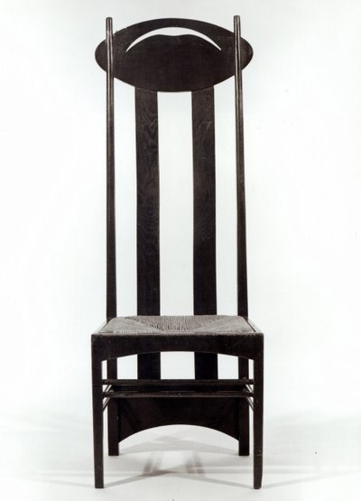 उच्च समर्थित कुर्सी, c.1897 (भीड़ वाली अनचाहे अंडाकार पीठ की पटरियों के साथ गहरे दाग वाले ओक) द्वारा चार्ल्स रेनी मैकिन्टोश