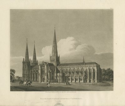लिचफील्ड कैथेड्रल - साउथ ईस्ट व्यू: एक्वाटिंट एनग्रेविंग, 1813 द्वारा चार्ल्स वाइल्ड