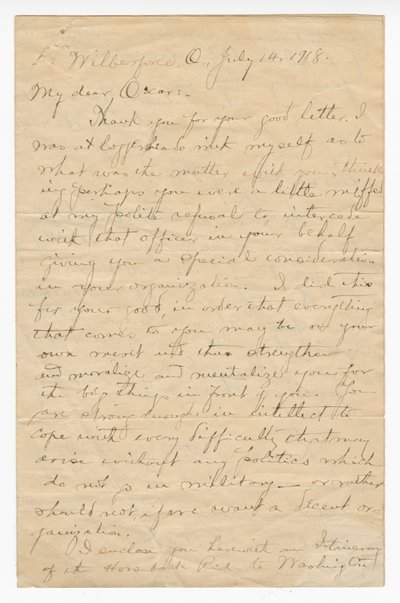 14 जुलाई, 1918 को कर्नल चार्ल्स यंग का ऑस्कर डब्ल्यू प्राइस को पत्र। द्वारा चार्ल्स यंग