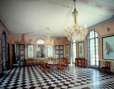 मालमाइसन के महल के भोजन कक्ष का दृश्य, सम्राट नेपोलियन I (1769-1821) का निवास, चार्ल्स पर्सिएर (1764-1838) और पियरे फ्रेंकोइस लियोनार्ड फॉनटेन (1762-1853) द्वारा डेकोरी 1800 रुइल माल्मिसन, म्यूसी डू चेटो द्वारा चार्ल्स और फॉनटेन पियरे पर्सिएर